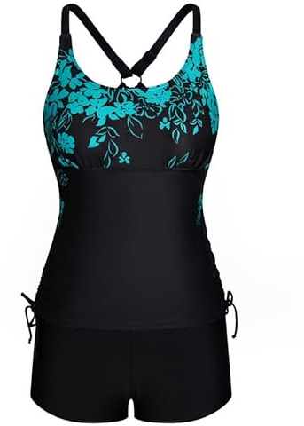 JASAMBAC Maillot de bain tankini pour femme, deux pièces, imprimé floral, short haut, tank top, cordon de serrage, lavage en machine - sécher à l'ombre