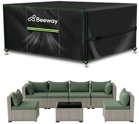 BEEWAY Gartenmöbel Abdeckung Wasserdicht, Schutzhülle Abdeckplane für Gartentische Terrassenmöbel Möbelsets - 420D Oxford Gewebe, Anti-UV, Winterfest, 300 x 250 x 100cm