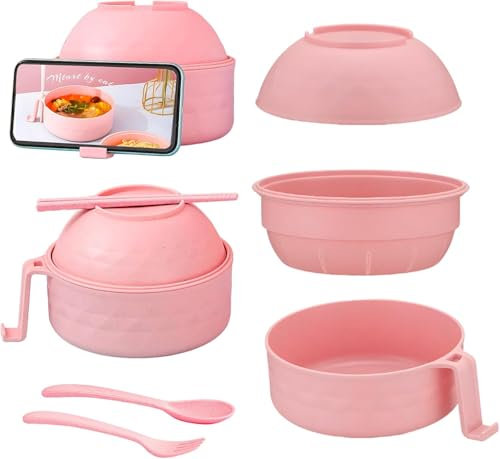 Mikrowellen Ramen Kocher Schüssel, Ramen Nudeln Schüssel Set mit Essstäbchen, Löffel und Gabel, 32oz Ramen Schüssel, Instant Nudeln Schüssel Set für Küche Haus College Wohnheim (Rosa)