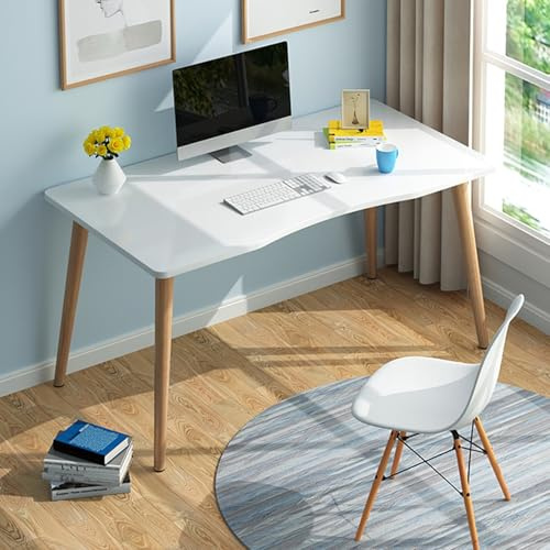 Escritorio ergonómico para computadora, mesa de estudio nórdico con patas de madera maciza, 100 x 60 x 73 cm, amplio escritorio con esquinas redondeadas y superficie lacada, estación de trabajo