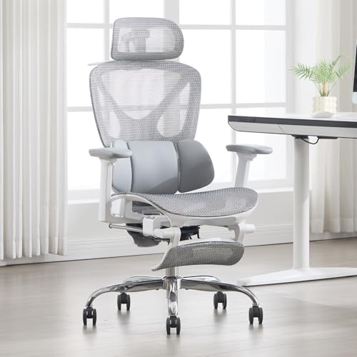 Ya-Home Sedia Ufficio Sedia Ergonomica Sedia Scrivania con Supporto Lombare Poltrona Girevole con Braccioli e Poggiatesta Sedie Computer Regolabile in Altezza con Poggiapiedi, Grigio