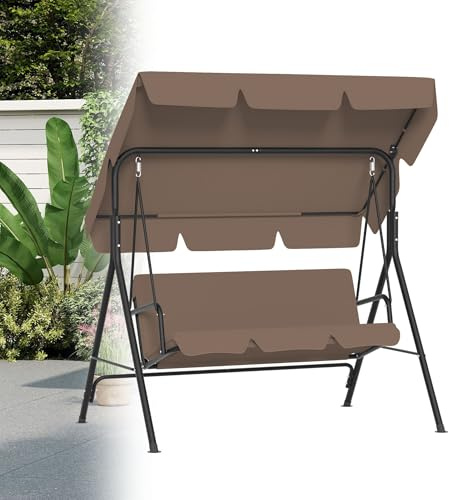TATIVALO Hollywoodgunga, 3-sitsig gungstol, med justerbart soltak och kudde, robust stålram, kan belastas med 200 kg, gungbänk för trädgård, terrass och balkong – 175 cm, brun
