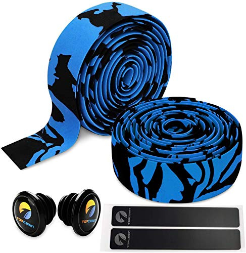 TOPCABIN 2 Rolls Bicycle Handlebar Tapes Camouflage Series Comfort GEL Road Bike Handlebar Tape Bike Bar Tape with Reflective Bar Plugs ((a pair) Blue)