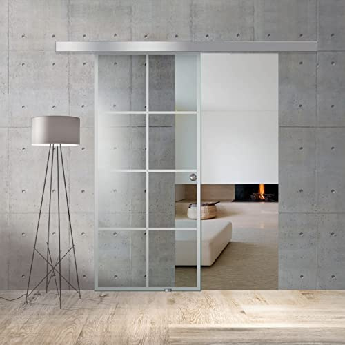 BOSS Puerta corredera del vidrio modelo REZIDENCE 85x215 cm (60/85/95 cm) Vidrio Transparente de 8 mm, patron arenado nanotratamiento Incoloro, kit completo de herrajes (85x215 cm, IZQUIERDO)