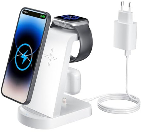 Kabellose Ladestation,Wireless Charger 3 in 1 induktive Kabelloses Ladegerät Mit 18W Adapter,kompatibel mit iPhone 16/15/14/13/12 Pro/Pro Max,Apple Watch Ultra/10/9/8/7/6/5/4/SE AirPods321/Pro1 Weiß