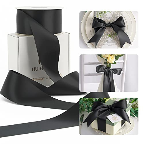 HUIHUANG Black Ribbon 2 inch Double Face Satin Ribbon Black Fabric Ribbon for Crafts, Gift Wrapping, Gift Basket Decor, Flower Bouquet Wrap, Wedding Bridal Shower Decor, Hair Bows -25 Yards/Roll