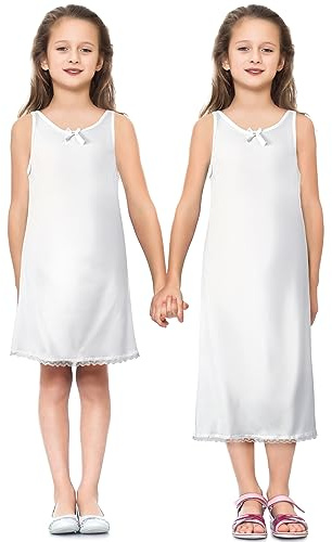 Toulite 2 Pcs Girls White Slip for Under Dresses Sleeveless Full Slip with Strap Lace Trim Tea and Knee Length Slips(Size 8)