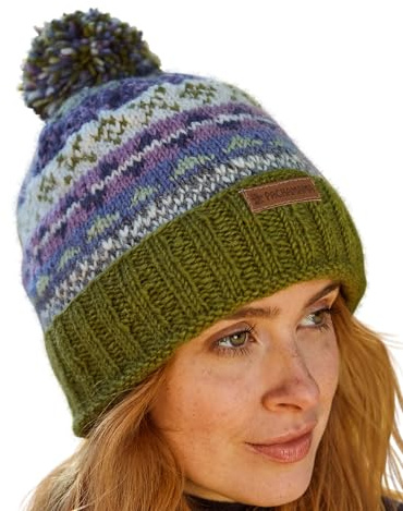 Pachamama Women Wool Beanie Bobble Hat Fleece Lined Roll Back Handknitted Traditional Fairisle Multicoloured One-Size Handmade Extra Warm Fair Trade (Wool, Olive)