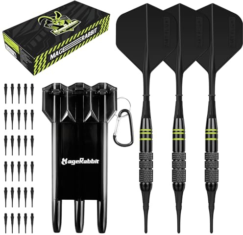 MageRabbit Paquete de 3 dardos de punta suave de 18 g con estuche de transporte de regalo, barriles de cobre con plumas de dardos integradas y 24 puntas de plástico, juego de puntas de plástico