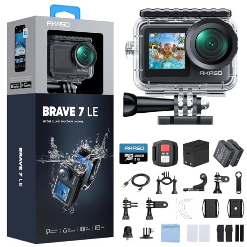 AKASO Brave 7 LE 4K30fps Action Camera with 128GB MicroSDXC U3 Memory Card Accessories Kit Bundle Ultra HD 131FT Waterproof Camera EIS 2.0 WiFi Remote Control Zoom Underwater Camera
