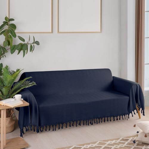 Milam London Sofa Throws Large 3 Seater, Extra Large Throws For Settees | 180 x 300 cm Navy Blue, Sofa Cover 3 Seater, Throws For Sofas Large Blanket with a Herringbone Pattern and Tasselled Edges