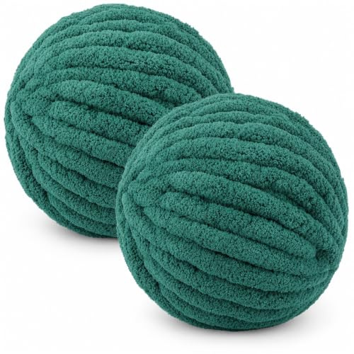 Chenille Yarn Chunky 250G x 2, Chunky Wool for Knitting, Chunky Yarns for Crochet, 88Ft Length Soft Thick Chunky Yarn for for Blanket Pet Bed Dolls Rug Bags Hats Pillow Cushions (DarkGreen)