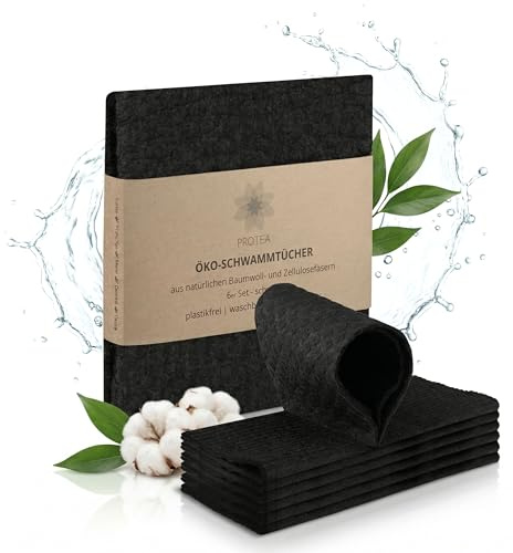 Protea 6er Set ÖKO-Küchentücher & Spültücher kompostierbar - Schwammtücher ökologisch - nachhaltige Reinigungstücher Geschirrtücher - 100% biologisch abbaubar - Made in Germany (Schwarz)