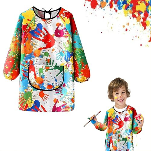 Hyfkjdm Langarm Malschürze Kinder, Tuschkittel Grundschule, Malerkittel für 6-12 Jahre Mädchen Junge, Mit Tasche Und Verstellbarem Gurt, Wasserdicht, für Malen & Basteln Backen Kochen (color)