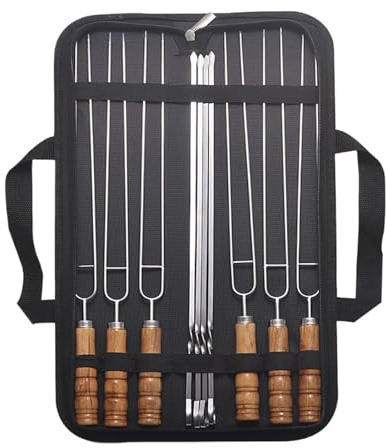 Fyrdyn Brochetas Metálicas, 10 Unidades Brochetas Planas Largas para Barbacoa con Mangos de Madera, Acero Inoxidable Plano Reutilizable Antioxido Para Picnic Camping Exterior