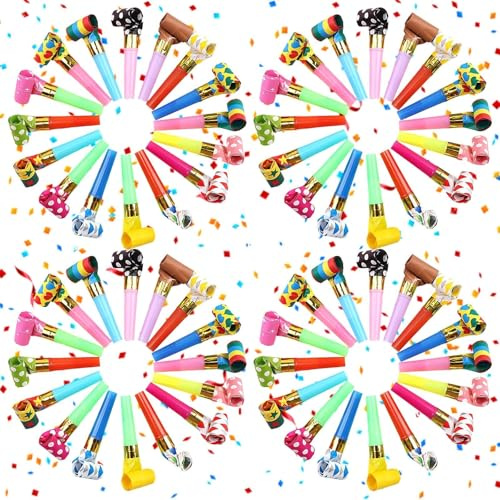 PjuQow 80 Stück Tröten,Tröte,Partytröten Set, Bunte Papierblasinstrumente, Einfache Handhabung, Für Feiern, Feste Und Veranstaltungen, Ideal Als Partyaccessoires Für Jede Feierliche Gelegenheit