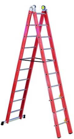 Scala Trasformabile Professionale in Vetroresina – Scala Doppia e d’Appoggio Estensibile – Certificata EN131 TÜV – Stabilizzatore di Base e Tamponi Antiscivolo – Portata 150 kg (2x10 Gradini)