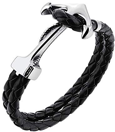 MENDOZZA Män ankare armband läder rostfritt stål svart silver, 20 centimeter, Läder,