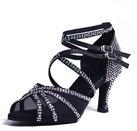 Syrads Zapatos de Baile Latino con pedrería para Mujer Salsa Tango Moderna Bachata Zapatos de Baile de Salón Suela Blanda 1057