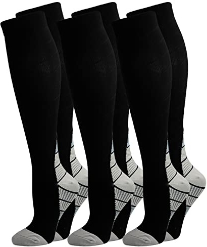 3 Pares Calcetines/ Medias de Compresión para Hombres y Mujeres, Running, Deporte, Correr, Senderismo, Volar, Viajar, Varicosas, Embarazo y Médicos (M, Gris)