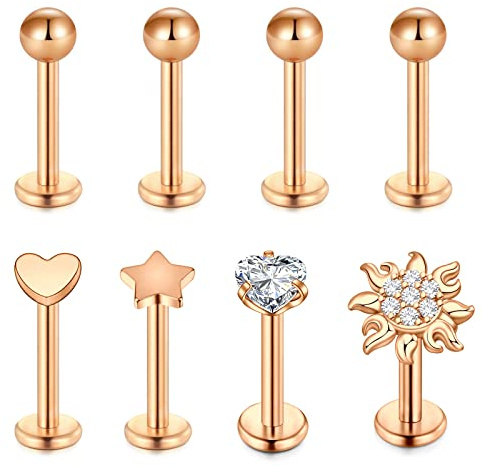 Mayhoop Labret Stud Piercing Lèvre 16G 8mm Acier Inoxydable Tragus Helix Piercing Monroe Medusa Piercing Bijoux pour Femmes Hommes Rosegold 8Pcs