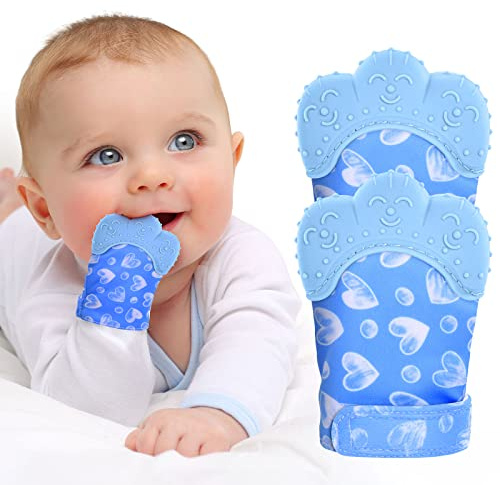 Vicloon Guanto da Dentizione per Bambini, 2 Pezzi Lenitivo Dentizione Mitten con Progetto Regolabile, Dentizione Neonati Giocattolo Guanti di Protezione con Massaggiagengive in Silicone, Cuore Blu