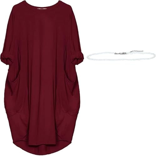 aromm Donna Abito da Camicie Scollo Tondo Sciolta Pianura Casual Taglia Grossa Midi Vestito Vino Rosso,L