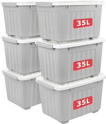 Cetomo 35L*6 Boîtes de Rangement avec Couvercles, Boîte de Rangement en Plastique avec Clips et Roulettes, Empilables, Encastrables, pour Placard de Bureau à Domicile, Gris, 35L, Lot de 6