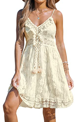 CUPSHE Robe d'été pour Femme Boho Maxi à Lacets avec Pompon col en V évasé à Volants Robes de Plage Beige-Mini M