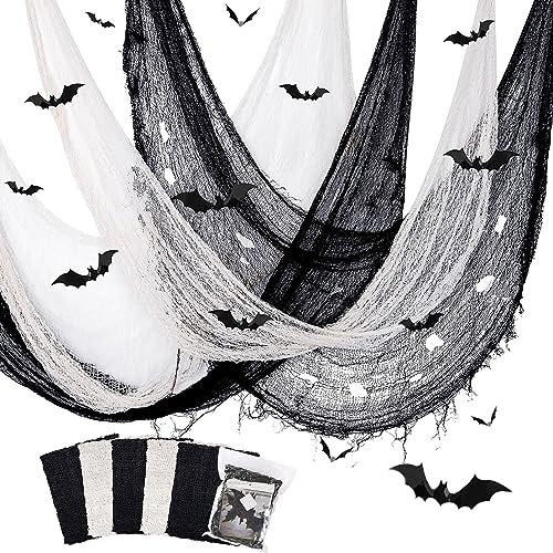 YuSaug Paño Espeluznante de Halloween 5 Piezas, Tela de Decoración de Halloween 183 * 76 CM con 12 Murciélago Falso, Miedo Gasa de Algodón Fiesta Embrujada Decoración (3 Negros + 2 Blancos)