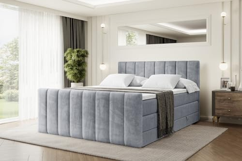 ALTDECOR Boxspringbett mit Matratze und Lattenrost, Topper, Fußteil,Polsterbett mit Bettkasten, Bett mit Stauraum H3- und H4- Matratze, Doppelbett, Springboxbett - OTTA-Z King - 180x200 - Grau Samt