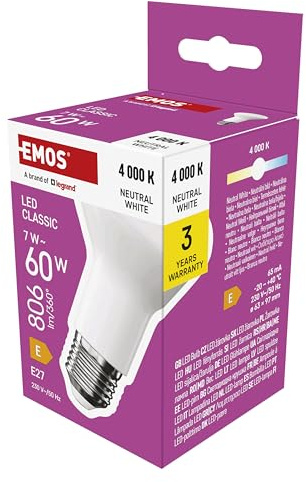 EMOS LED Lampe Reflektor-Form, 7W Ersatz für 60W Glühbirne, R63 Scheinwerfer-Birne mit E27 Sockel, Helligkeit 806 lm, Neutralweiß 4000 K, 30000 h Lebensdauer, CRI min. 80, 120° Abstrahlwinkel