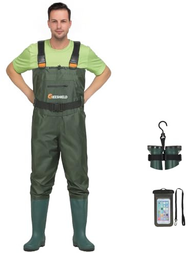 GIEESHIELD Waterproof Bootfoot Chest Waders for Men and Women, Lightweight 2-Ply Nylon/PVC Fishing & Hunting Waders with Boot Hanger - Green (Green, M8/W10)