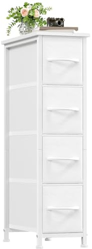 Somdot Kommode mit Schubladen, Kommode Schmal Schlafzimmer Wohnzimmer Flur, Komodenschrank Schubladenschrank Aufbewahrungsschrank Stoffkommode, 4 Stoffschubladen, Weiß, 48T x 20B x 75H cm