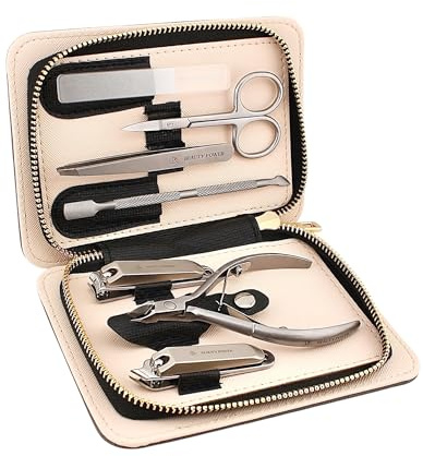 Beauty Power Manicure Pedicure Set 7-in-1 Stainless Steel, Ultra Sharp, Slanted Nail Clipper, Fingernail Clipper, Cuticle Nipper, Glass Nail File, Eyebrow Tweezers, Scissors, Case - Gift Idea - Gray