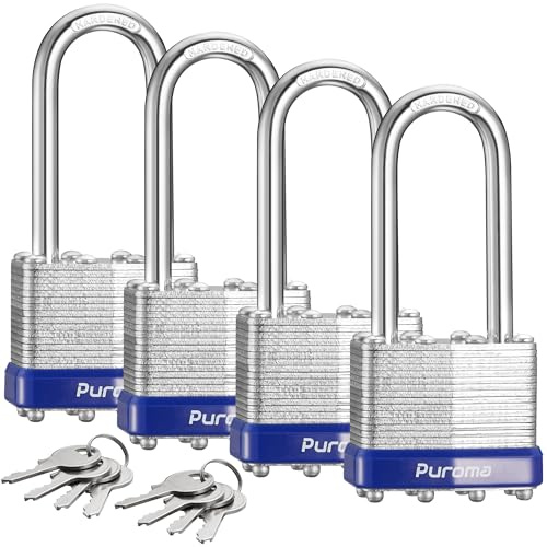 Puroma Lock 4 Pack Padlocks, 2” Long Shackle Heavy-Duty Locks with 8 Keys, 40mm Hardened Steel Keyed Alike Padlocks for Sheds, Gates, Fences, Toolbox, Outdoor and Indoor Use（Silver）