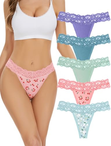 VOENXE Lace Seamless Thongs Underwear Women,No VPL Knickers,Cotton Blend | No Show Comfortable Soft Laser Cut Panties,Multipack Invisible Ladies Breathable Pants,Brazilian Lacy Gym G String,5 Pack