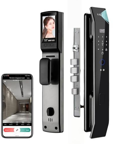 Iuscacey 3D Face Recognition Smart Lock - Keyless Entry Door Lock Fingerprint, Wi-Fi, Video Doorbell, HD Indoor Screen - Advanced Home Security
