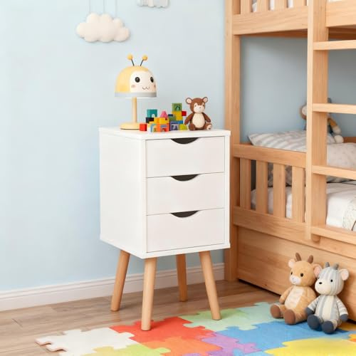 Warmiehomy Bedside Table with 3 Drawers Bedside Storage Cabinet with Solid wooden legs White Nightstand Sofa Side Table End Tables for Bedroom Living Room Home Furniture 30x30x67cm