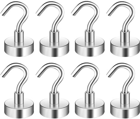 YUPZAR 8 pzas. Imanes con gancho magnético giratorio muy potentes (fuerza magnética 8 kg, longitud 3,3 cm, diámetro 1,6 cm) Ganchos magnéticos de neodimio, plateado