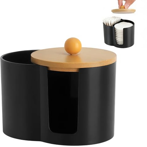 LOLANIUT Contenitore per bastoncini di cotone nero con coperchio in bambù, dispenser per dischetti di cotone e dispenser per bastoncini di cotone, contenitore per dischetti di cotone con apertura a