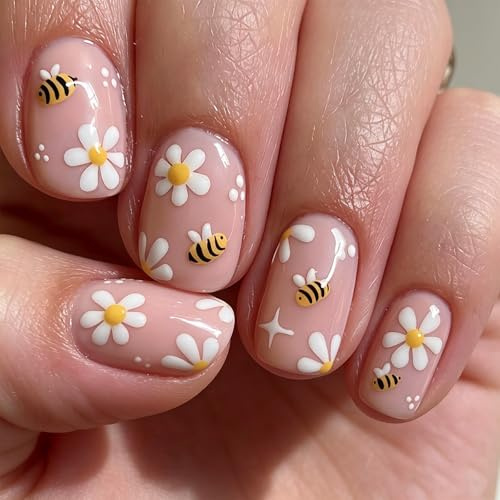 Tastetreasure 24Pcs Bee and Daisy Press on Nails Short, Cute Square Floral False Nails for Women, Spring Summer Yellow Flower Stick on Nails with Jelly Glue and Nail File, Nude Glossy Fake Nails