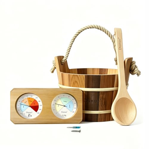 DUNUO Canadian Red Cedar - Kit de accesorios de sauna de 3 piezas, cubo y cucharón con termómetro higrómetro 2 en 1, 1 galón (4L), escala dual para sauna doméstica