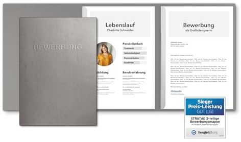 3 Stück 3-teilige Bewerbungsmappen Grau mit 2 Klemmschienen in feinster Lederstruktur