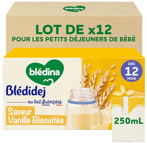 Blédina Blédidej Céréales bébé Biscuité Saveur Vanille - Dès 12 Mois - Lait bébé pour petit-déjeuner - Source de Calcium, Vitamine C, Fer, Oméga 3 (ALA) - Format Pratique x12 briques 250 mL