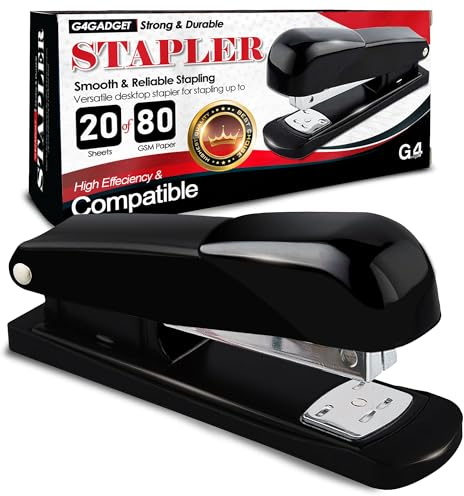 G4GADGET Black Stapler 20 Sheet Capacity | Compact Office Stapler for Desktop Use | Durable for Paper Fastening | Ideal for Home, School & Office Supplies
