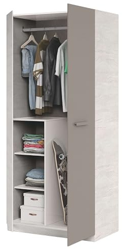 Habitdesign Armario Juvenil, Infantil, Modelo Ares, Acabado en Color Blanco Alpes y Basalto, Medidas: 90 cm (Ancho) x 200 cm (Alto) x 52 cm (Fondo)