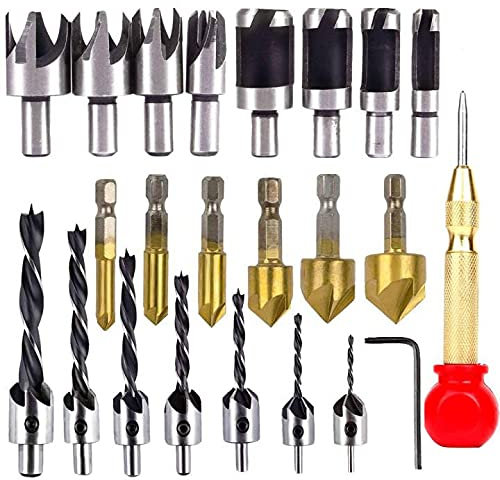 23 Stück Kegelsenker Bit Set, Holzbearbeitung sbohrwerkzeuge enthalten 6 Stück Kegel-Bohrer,7 Dreispitz-Bohrer, 8 Stück Holzdübel-Schneider für Holz DIY Bohren