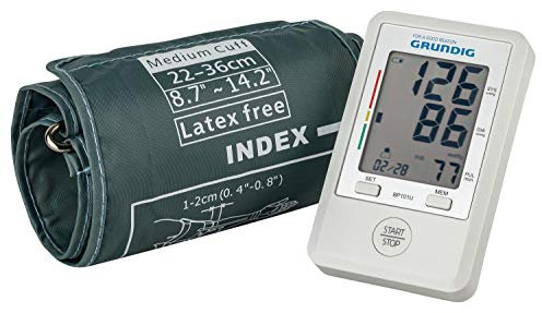 GRUNDIG Digitales Oberarm Blutdruckmessgerät - Sehr kompakt, ideal für unterwegs - großes Display - automatische Messung, Arrhythmie-Anzeige, Pulsmessung - 2 * 90 Speicherplätze Mittelwertberechnung
