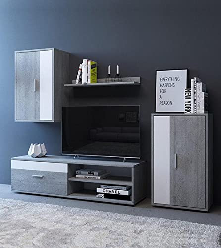 Home Heavenly® - Mueble salón Modular Bosco de 230 cm. Conjunto Completo Mueble TV + 2 vitrinas + Estante (Gris-Blanco)
